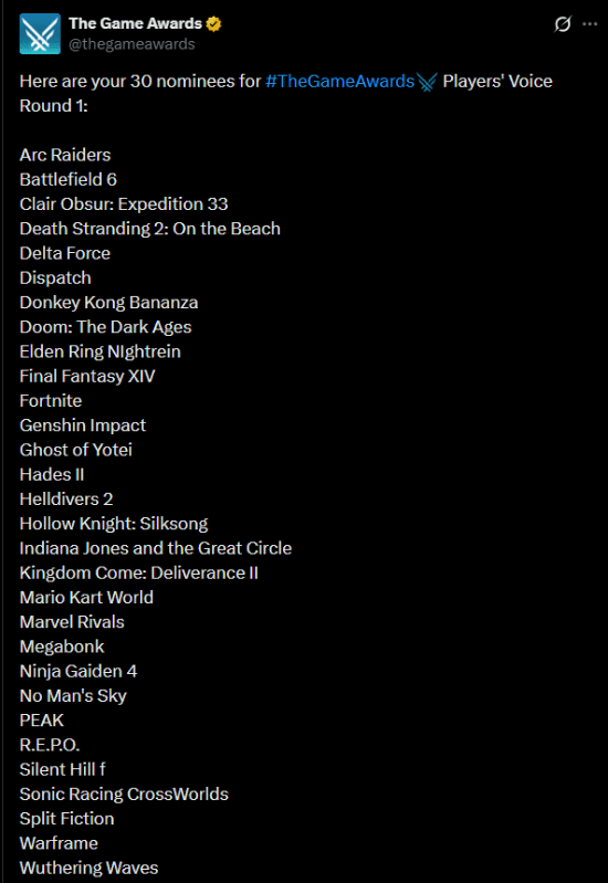 TGA玩家之声投票开启！《原神》和《鸣潮》等30款游戏获提名