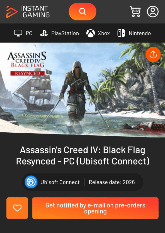 游戏店上架《刺客信条4：黑旗》重制版 称2026发售